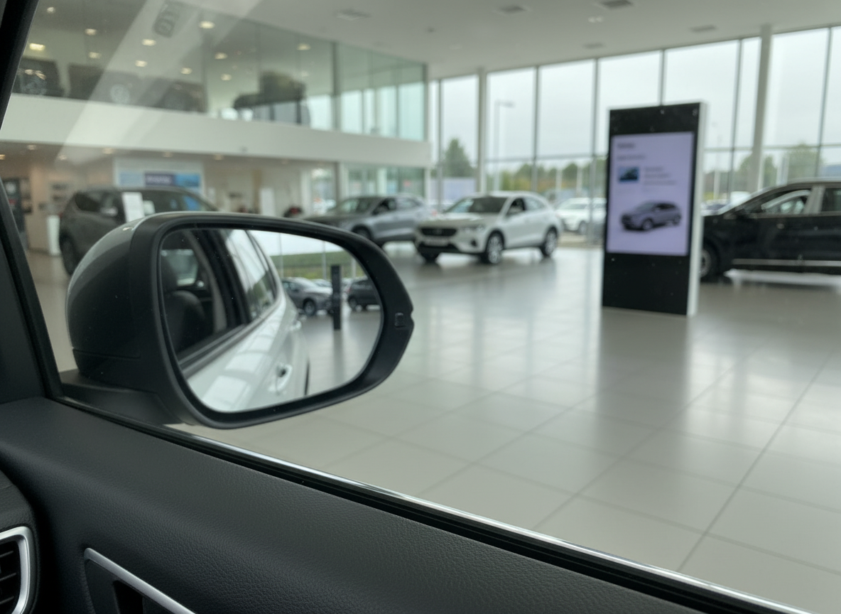 Blick aus Fahrzeuginnenraum auf Außenspiegel in modernem Autohaus-Showroom