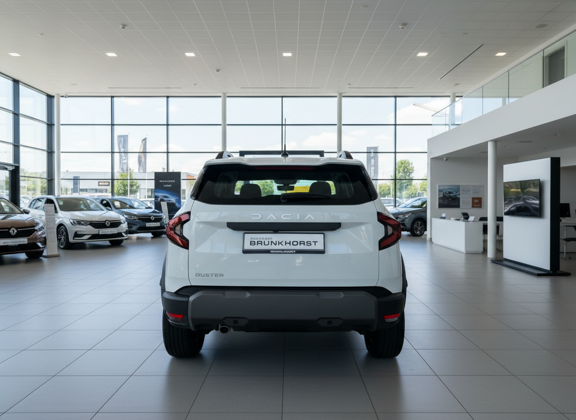 Dacia Duster SUV in Weiß, Heckansicht im Autohaus Brunkhorst Showroom