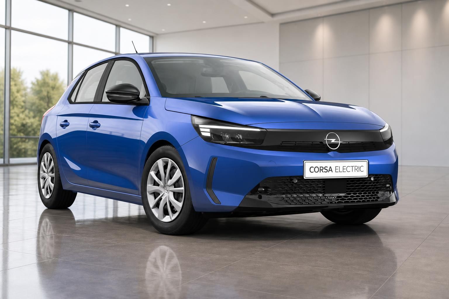 Opel Corsa Electric blau, Frontansicht in moderner Ausstellungshalle