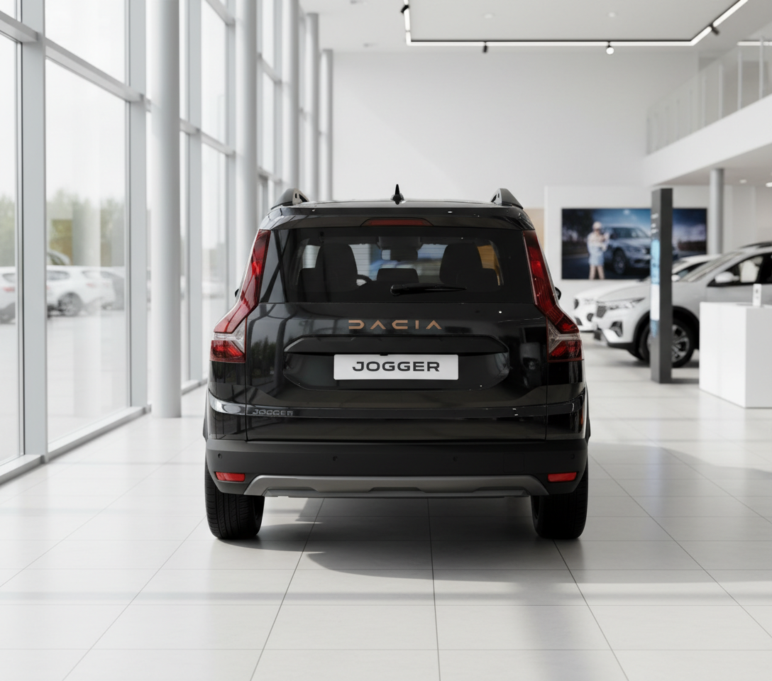 Schwarzer Dacia Jogger Heckansicht im Autohaus Showroom