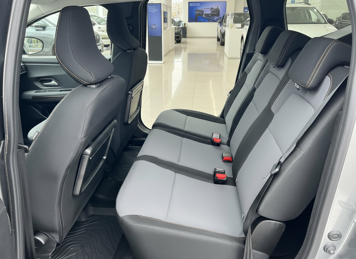 Rücksitzbank mit grau-schwarzen Stoffsitzen im Innenraum eines SUV im Autohaus