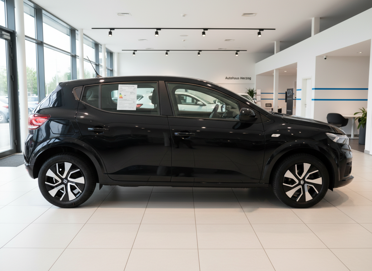 Schwarzer Dacia Sandero Hatchback im Autohaus Showroom, Seitenansicht