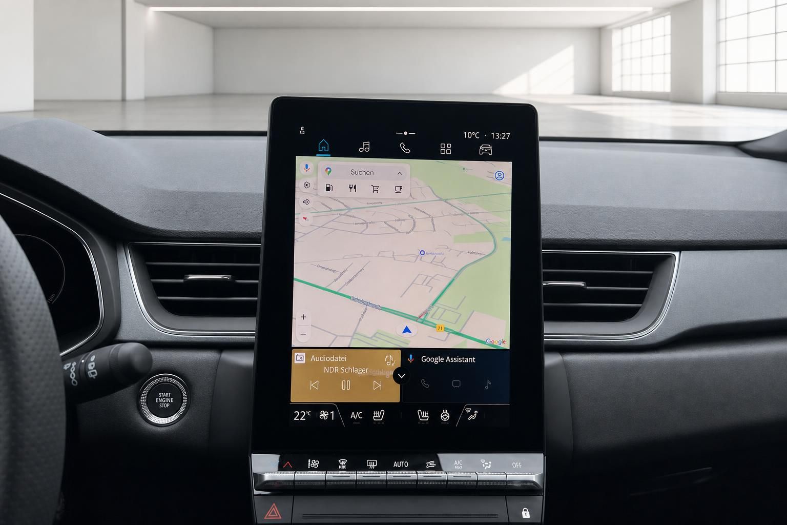 Renault Infotainment-Touchscreen mit Google Maps Navigation und Android Auto im Armaturenbrett