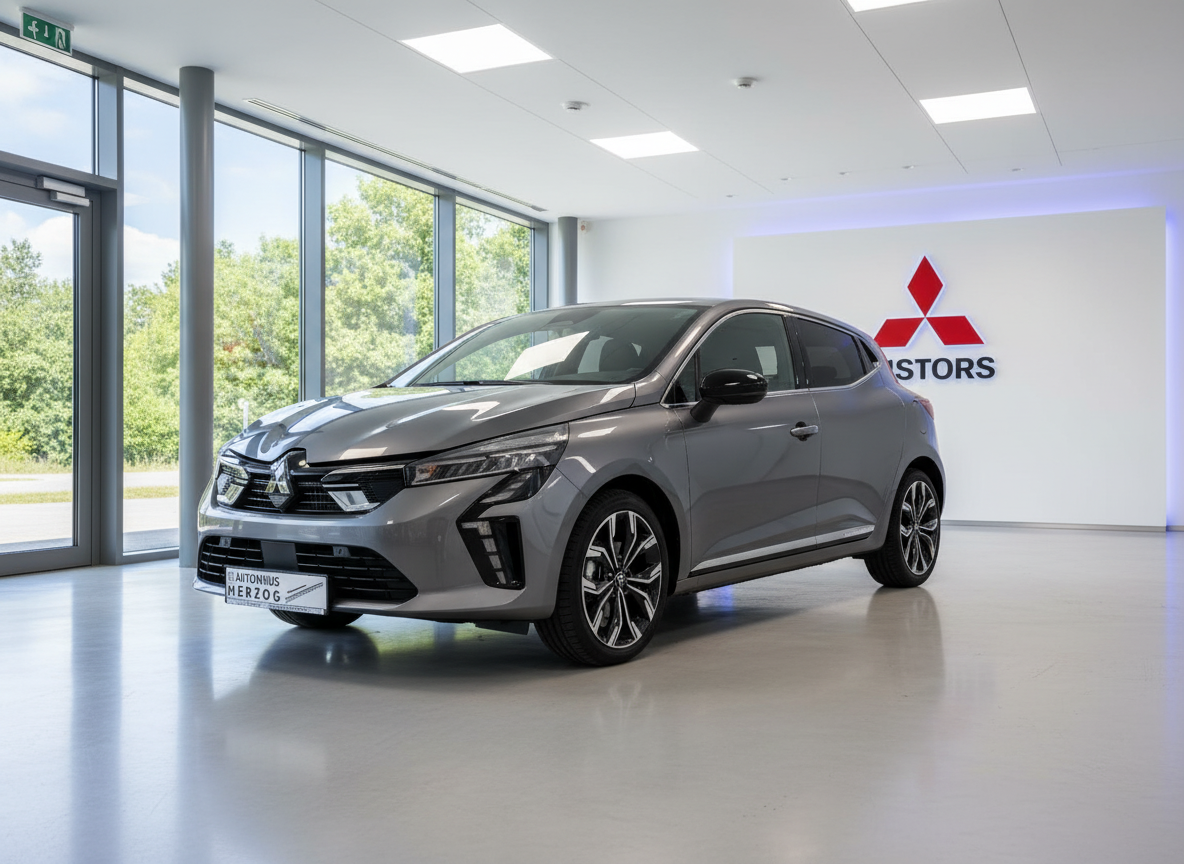 Renault Clio in Grau im Autohaus Showroom – Frontansicht schräg