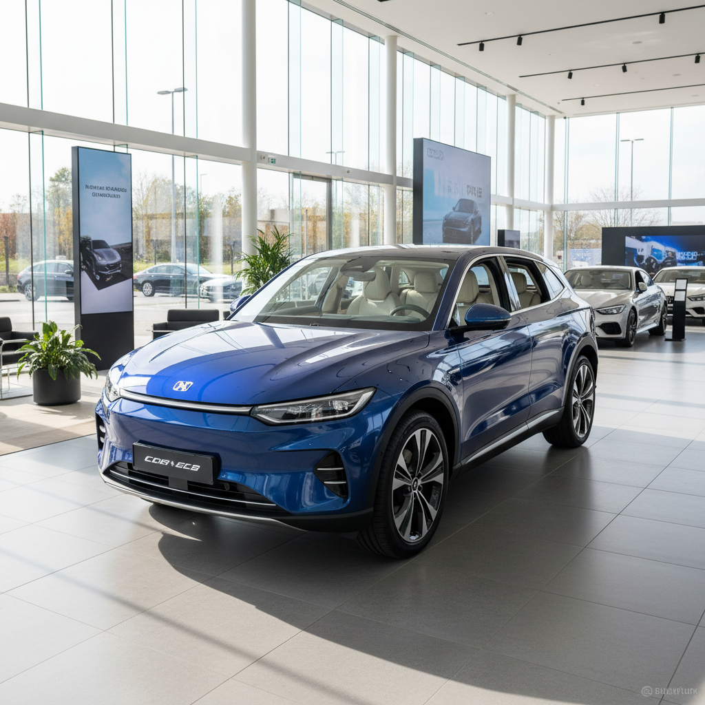 Blauer Elektro-SUV im modernen Autohaus-Showroom mit Glasfassade