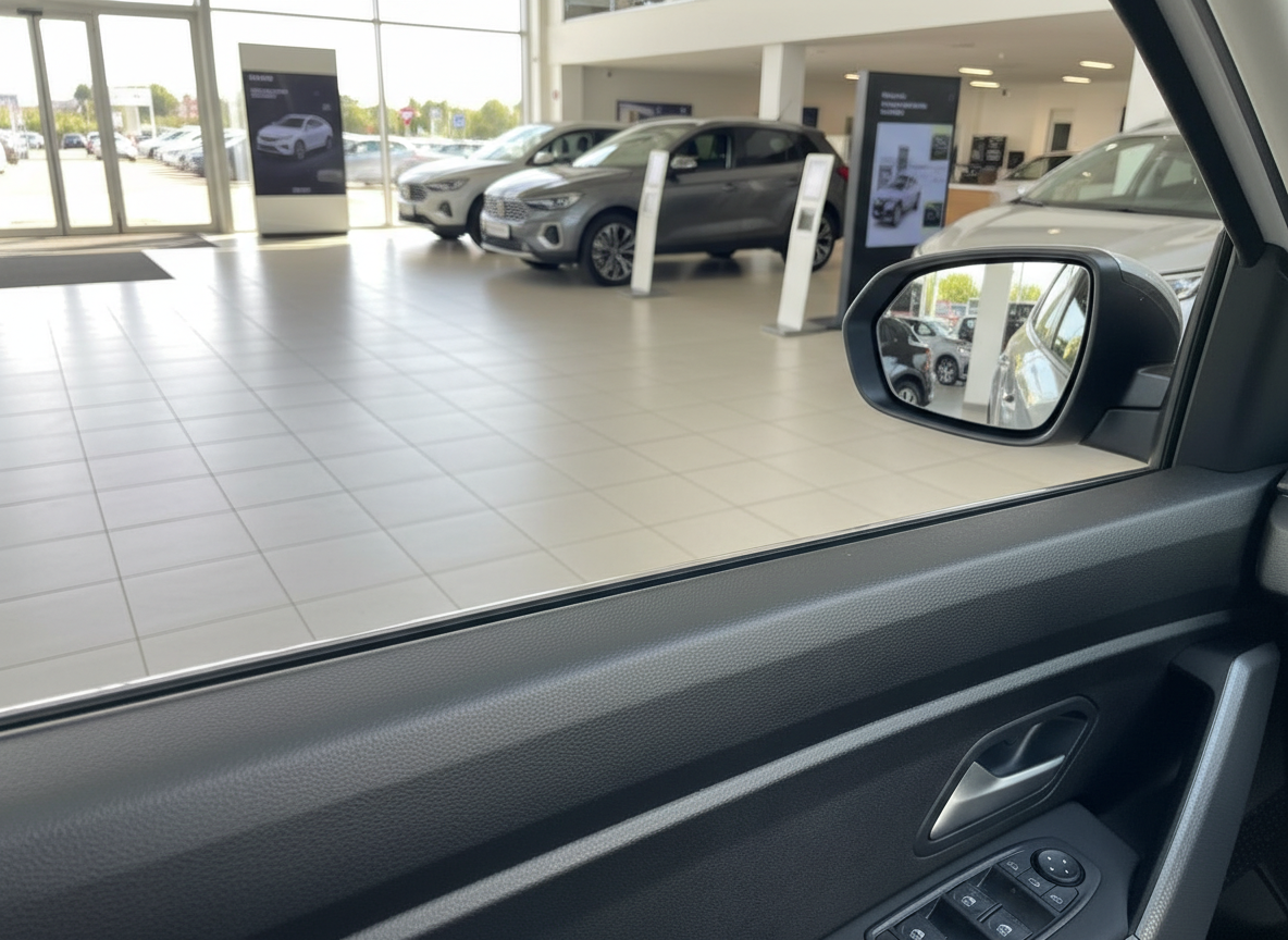 Fahrzeuginnenraum mit Blick auf Autohaus-Showroom und grauem SUV