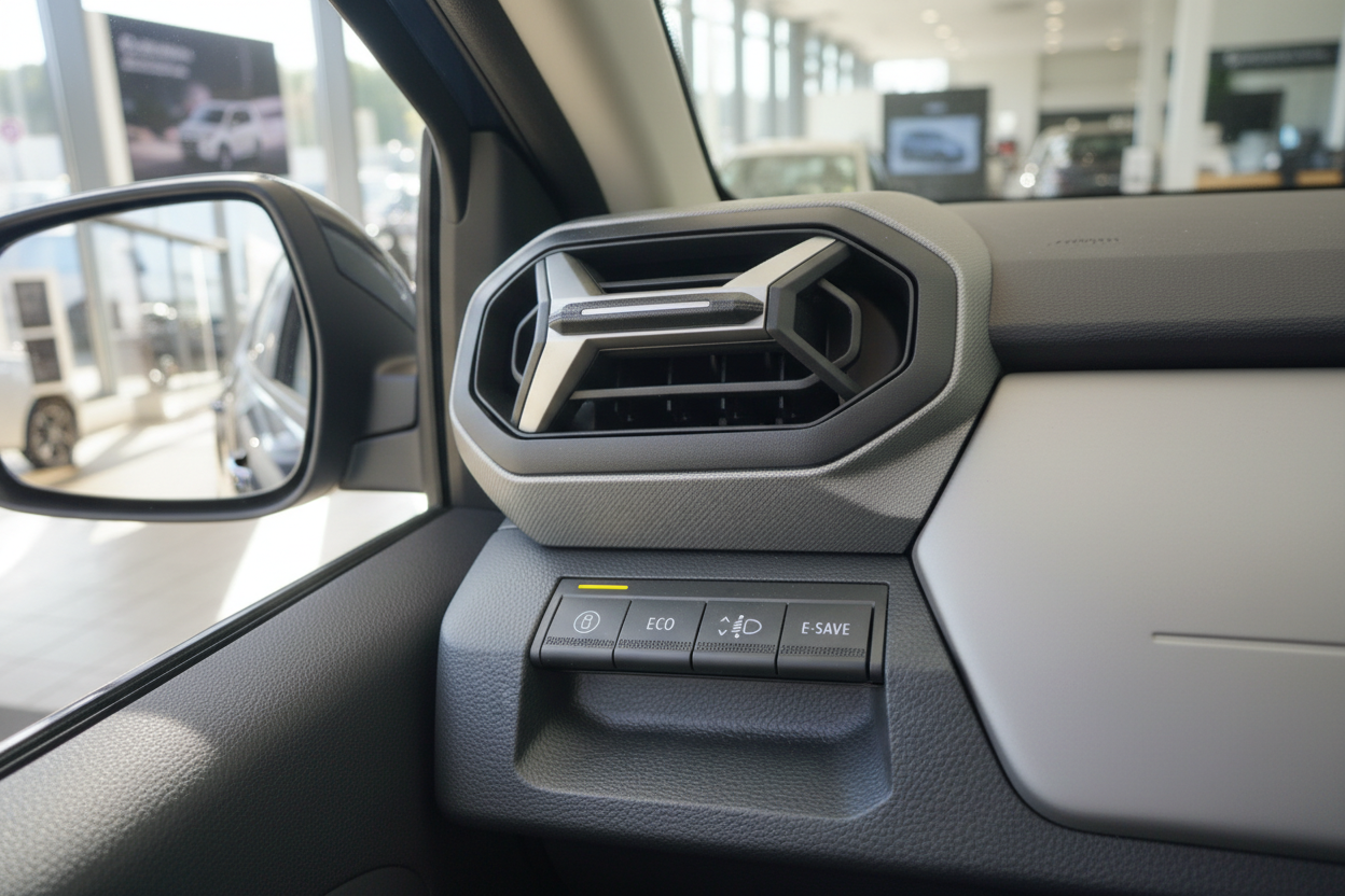 Fahrzeug-Innenraum mit ECO, E-SAVE und Start-Stopp-Tasten sowie Lüftungsdüse am Armaturenbrett