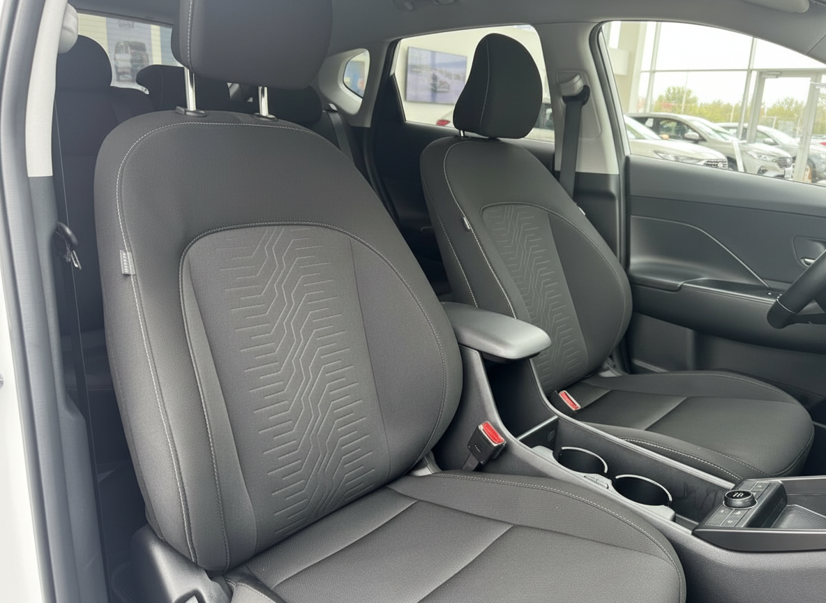 Schwarze Stoff-Innenausstattung mit Vordersitzen und Mittelkonsole eines modernen Kompaktwagens