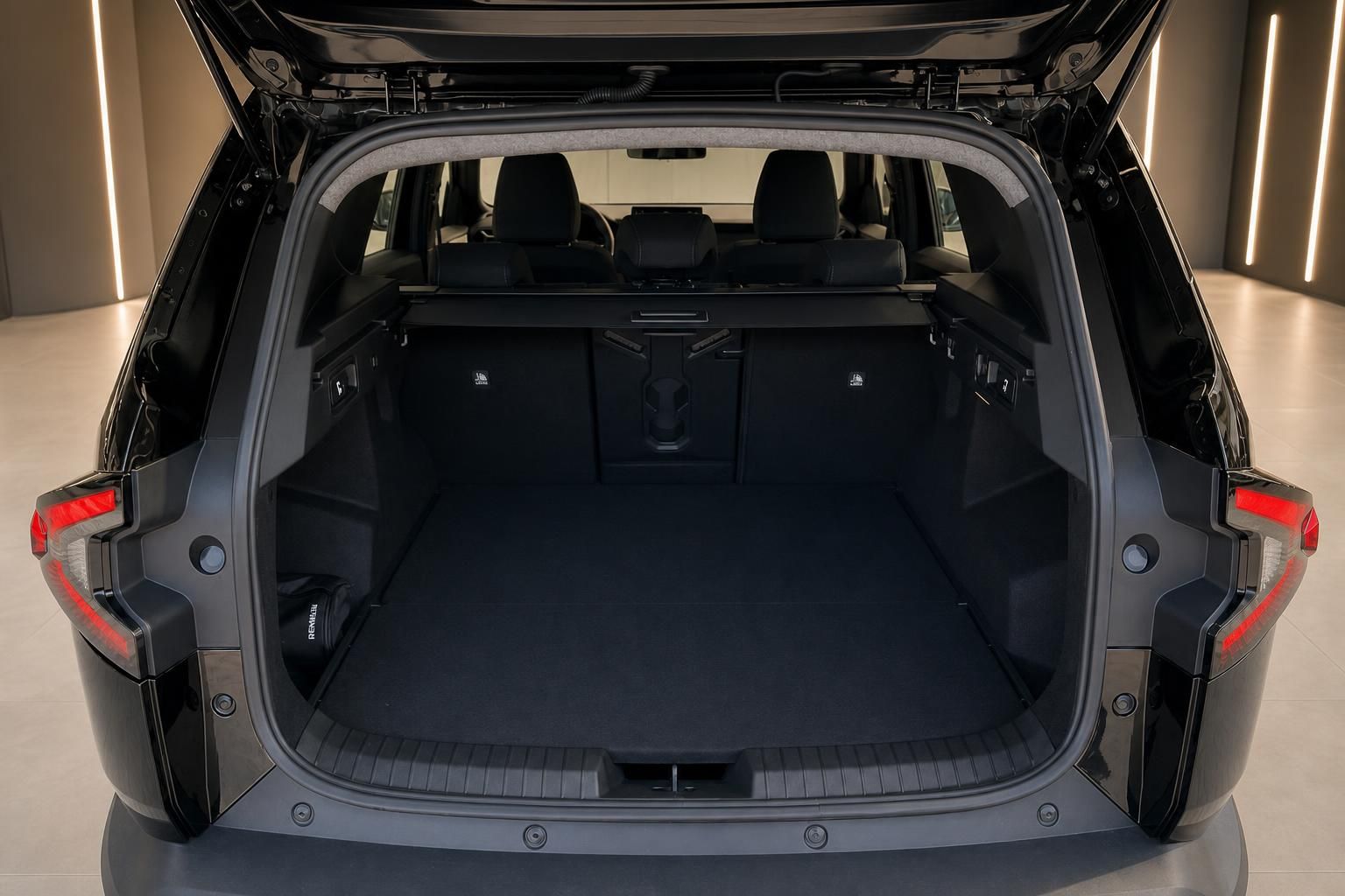 Geöffneter Kofferraum eines schwarzen SUV mit viel Ladevolumen