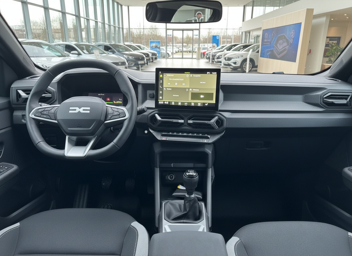 Dacia Innenraum mit Touchscreen, Schaltgetriebe und modernem Cockpit-Design