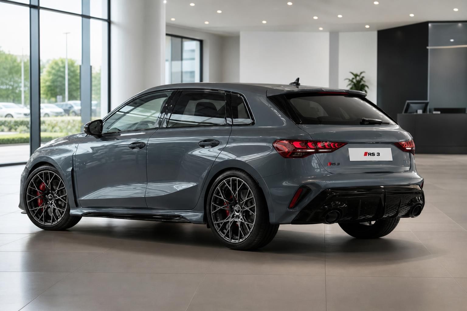 Audi RS3 Sportback grau Heckansicht im Autohaus Showroom