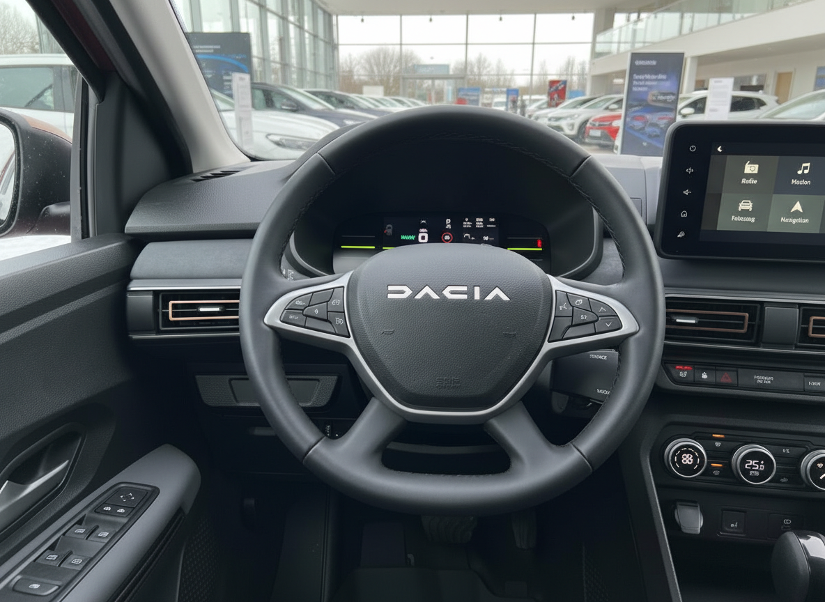 Dacia Innenraum Cockpit mit Lenkrad, digitalem Tacho und Infotainment-Touchscreen