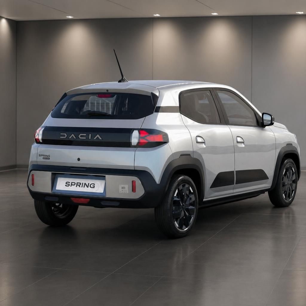Dacia Spring Elektroauto in Silber von hinten mit DACIA-Logo und SPRING-Kennzeichen