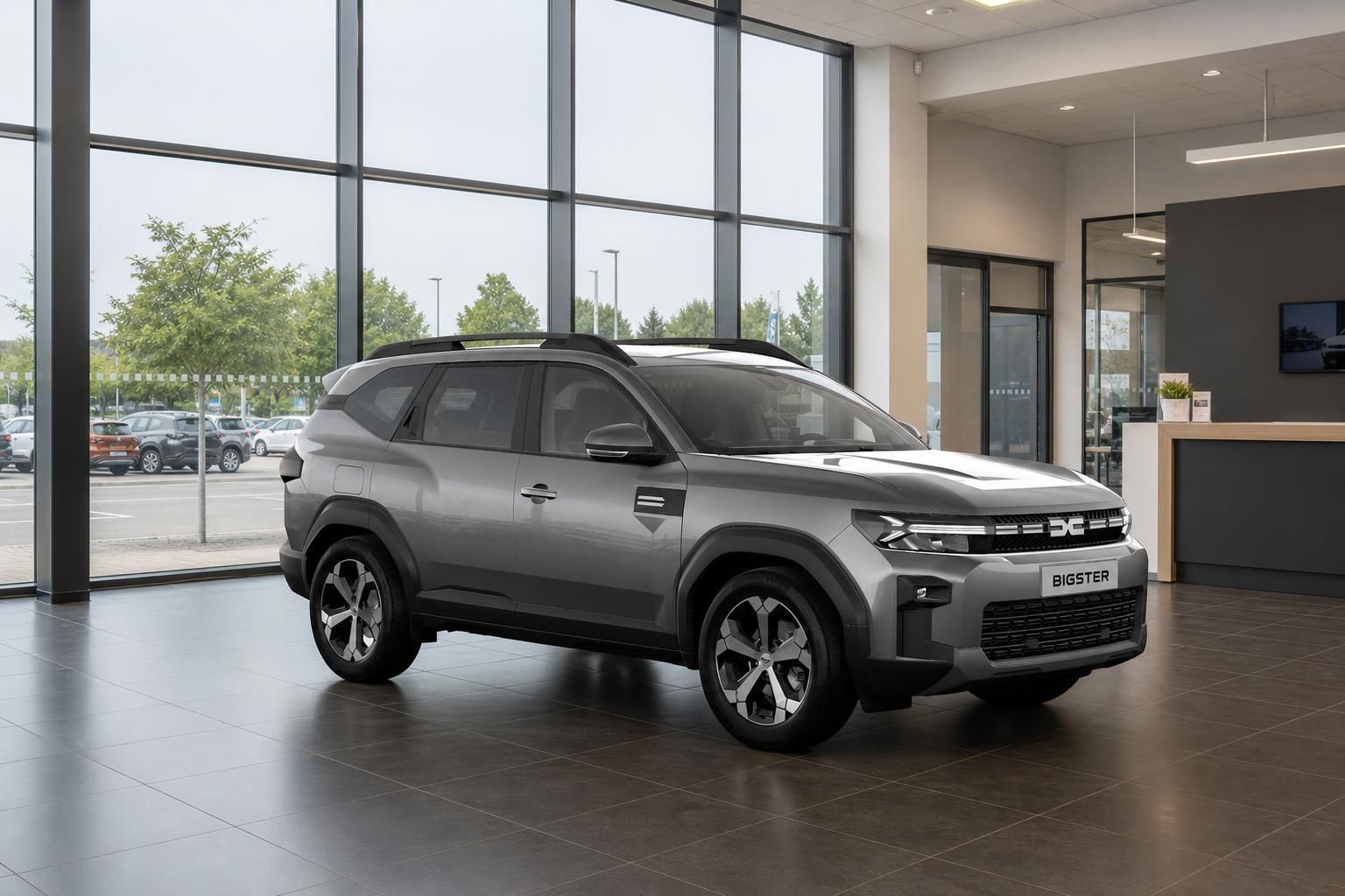 Dacia Bigster grau Frontansicht schraeg im Autohaus