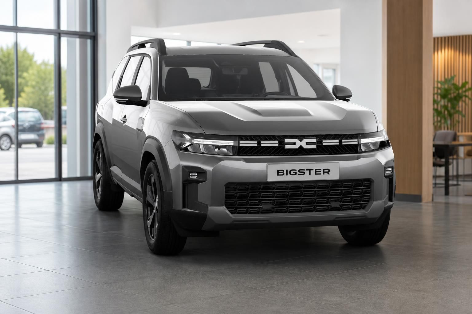 Dacia Bigster in Grau als Frontansicht im Autohaus-Showroom