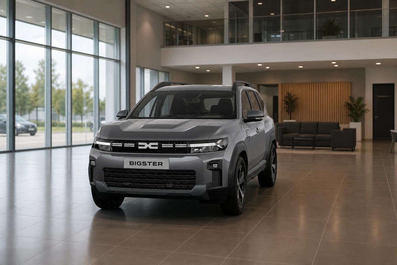 Dacia Bigster grau, Frontansicht im modernen Autohaus-Showroom
