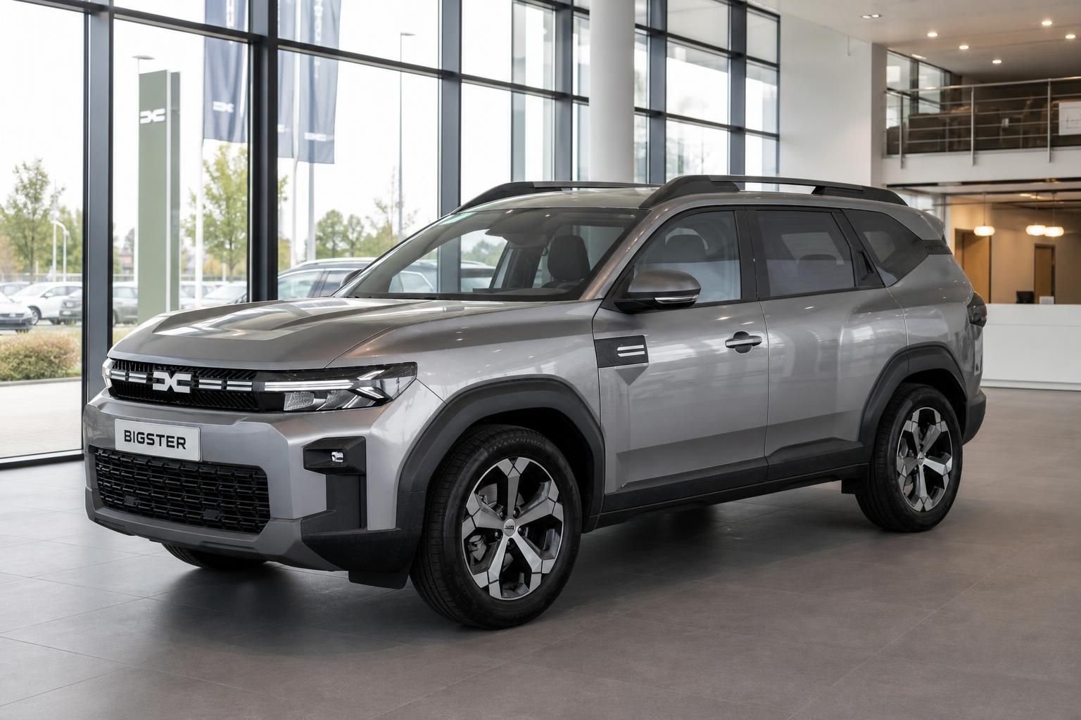 Dacia Bigster silber Frontansicht im Autohaus-Showroom