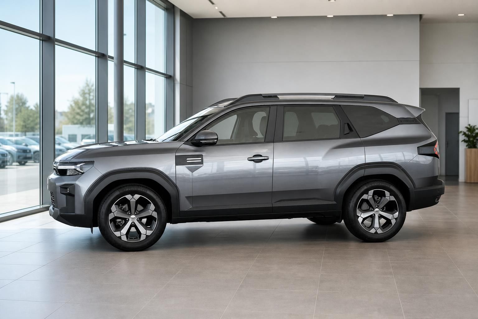 Dacia Bigster grau in Seitenansicht im Autohaus-Showroom