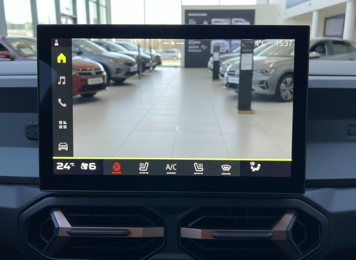 Fahrzeug-Infotainment-Display mit Klimasteuerung und Rückfahrkamera im Autohaus