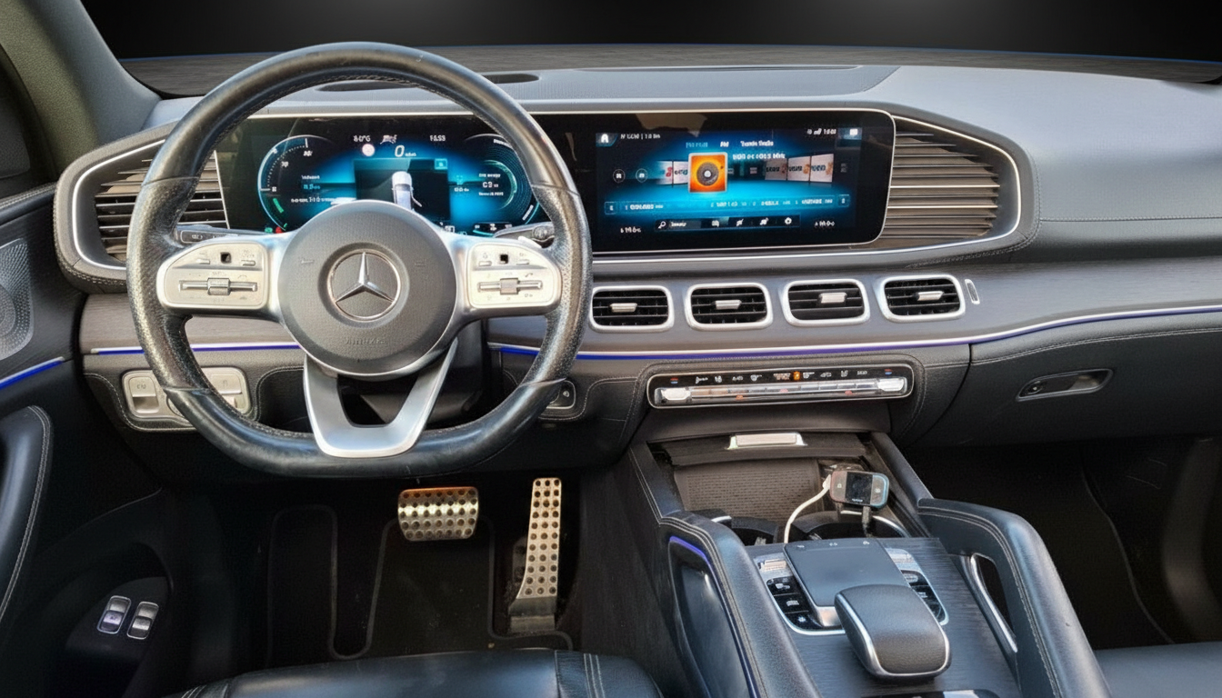 Mercedes-Benz Innenraum mit MBUX Widescreen-Display, AMG Lenkrad und Schaltpaddeln