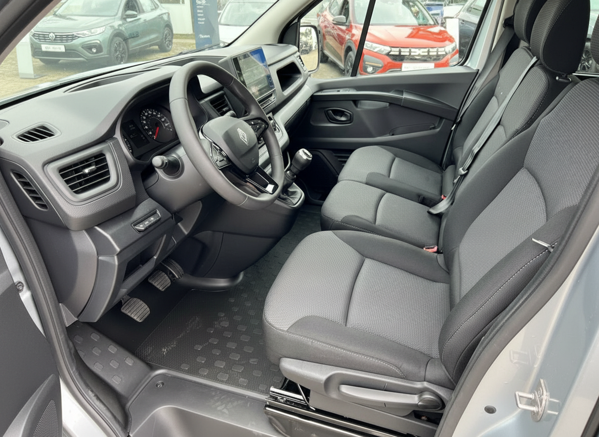 Renault Trafic Innenraum Fahrersitz mit Lenkrad, Schaltgetriebe und Touchscreen-Display