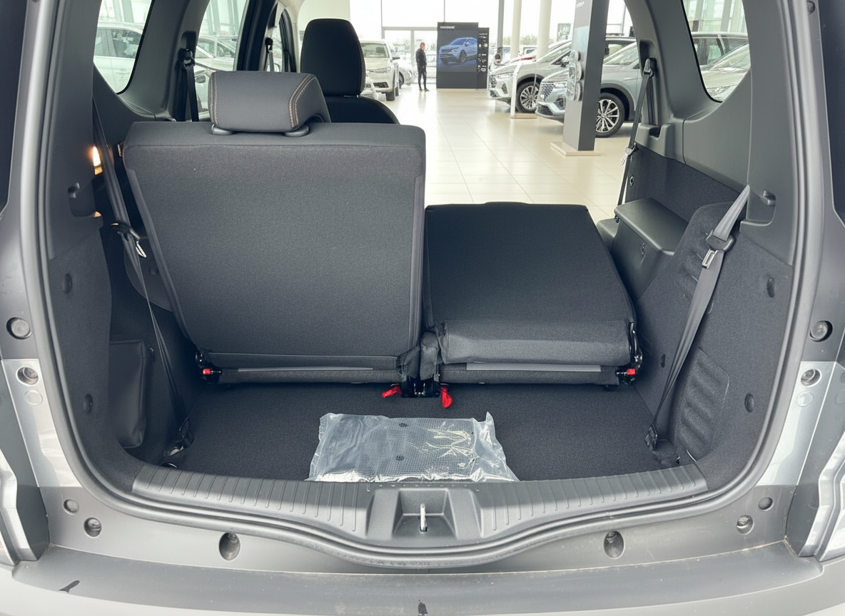 Kofferraum mit umklappbarer Rücksitzbank eines silbernen Hyundai im Autohaus