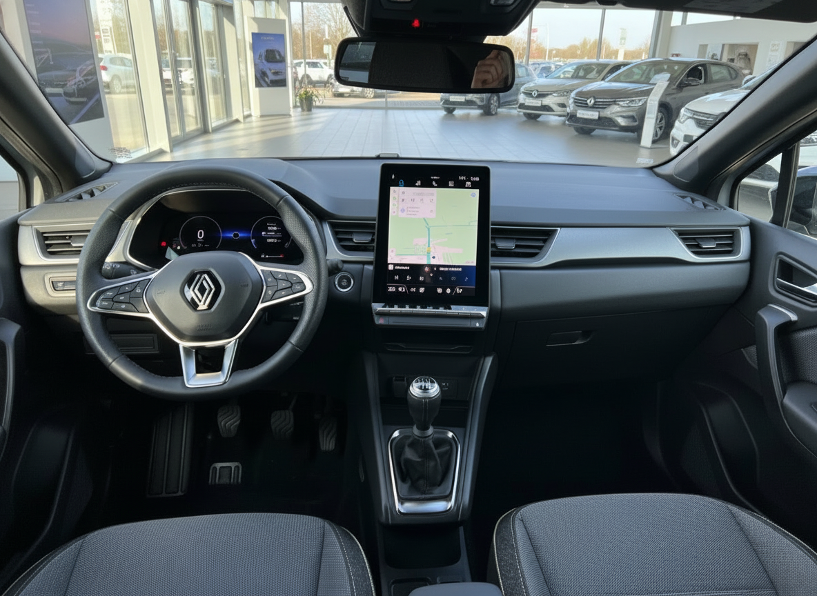 Renault Innenraum mit digitalem Cockpit, großem Touchscreen-Navigationssystem und Schaltgetriebe