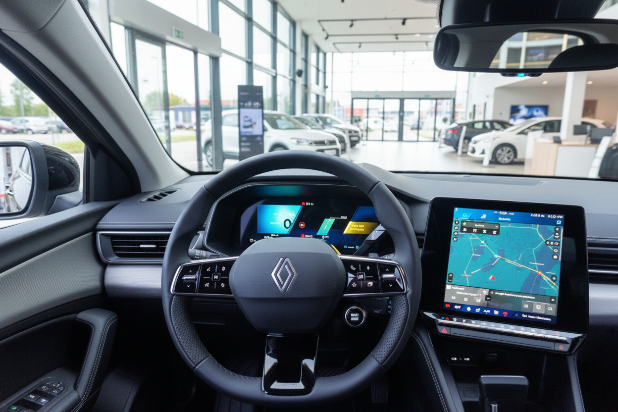 Renault Innenraum mit digitalem Cockpit und Navigationsdisplay im Autohaus