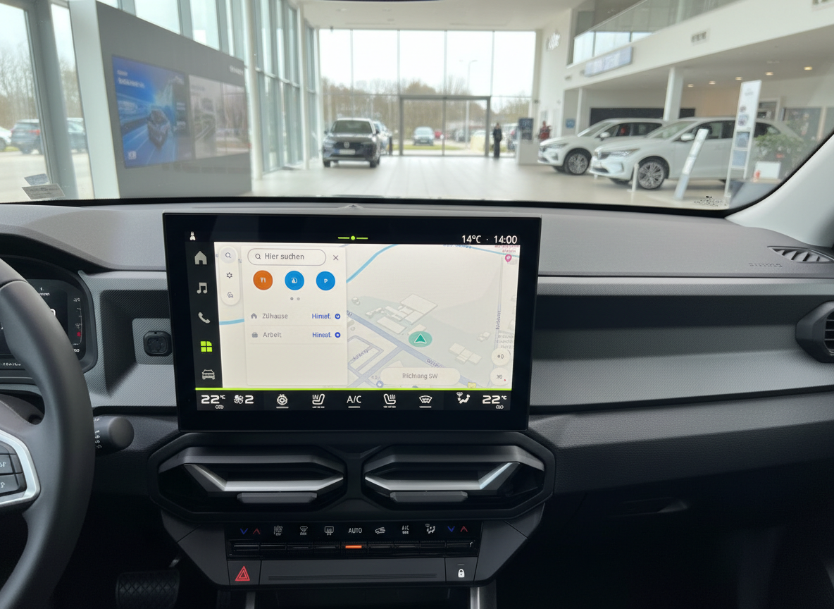 Fahrzeug-Innenraum mit Infotainment-Display und Navigationssystem im Autohaus