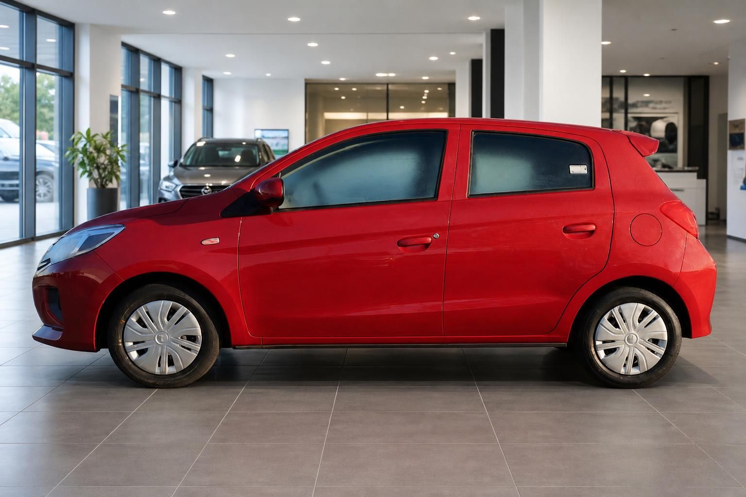 Roter Mitsubishi Space Star Kleinwagen Seitenansicht im Autohaus Showroom