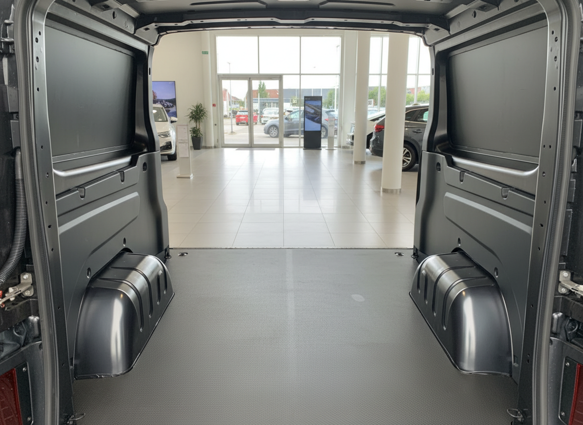 Laderaum eines grauen Transporter-Vans, Innenansicht mit Gummiboden in Fahrzeugausstellung