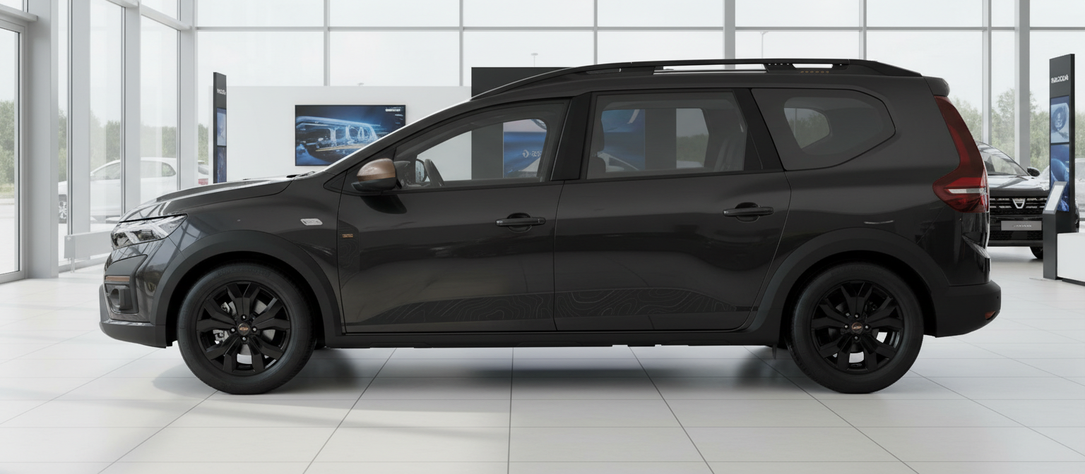 Schwarzer Dacia Jogger Seitenansicht im Autohaus Showroom mit schwarzen Felgen