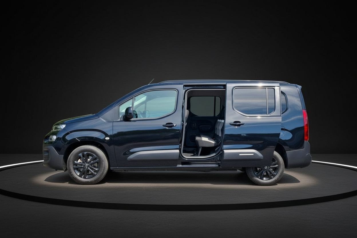 Opel Combo Life XL in Dunkelblau mit geöffneter Schiebetür, Seitenansicht im Studio