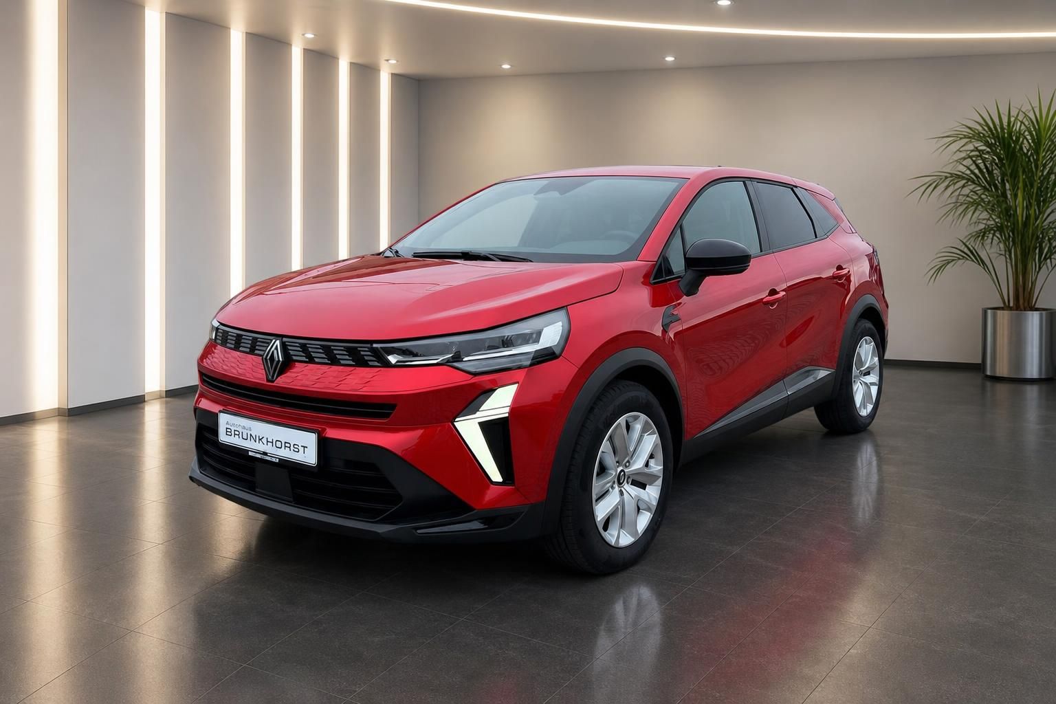 Roter Renault Symbioz SUV Seitenansicht im eleganten Showroom mit modernem Design