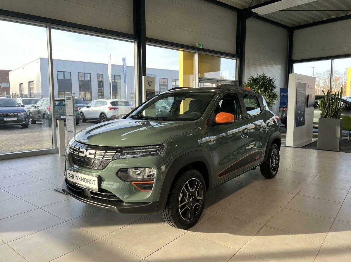 Dacia Spring Elektro in Khaki-Grün mit orangenen Akzenten im Autohaus Brunkhorst Showroom