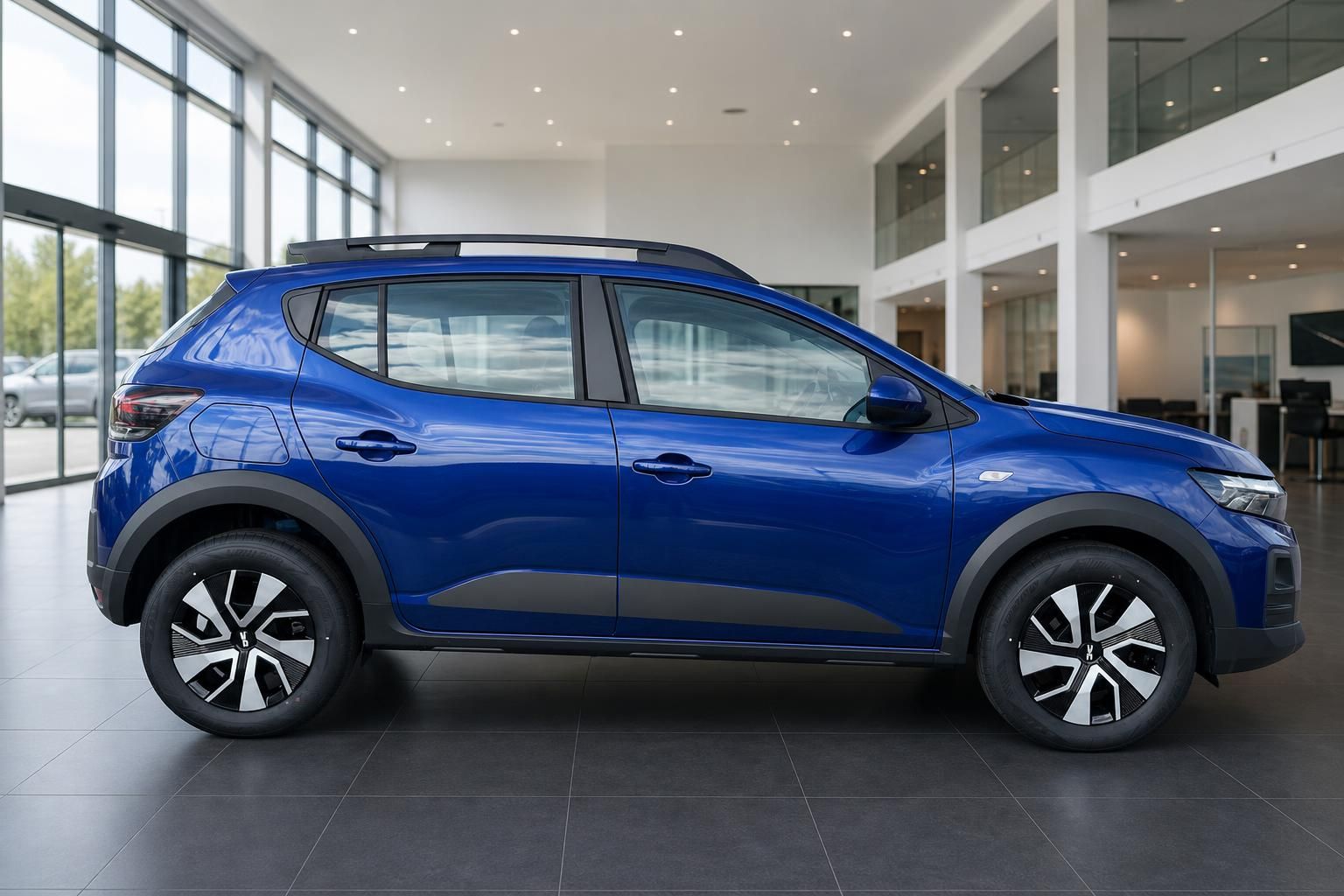 Blauer Dacia Sandero SUV Seitenansicht mit Alufelgen im modernen Autohaus