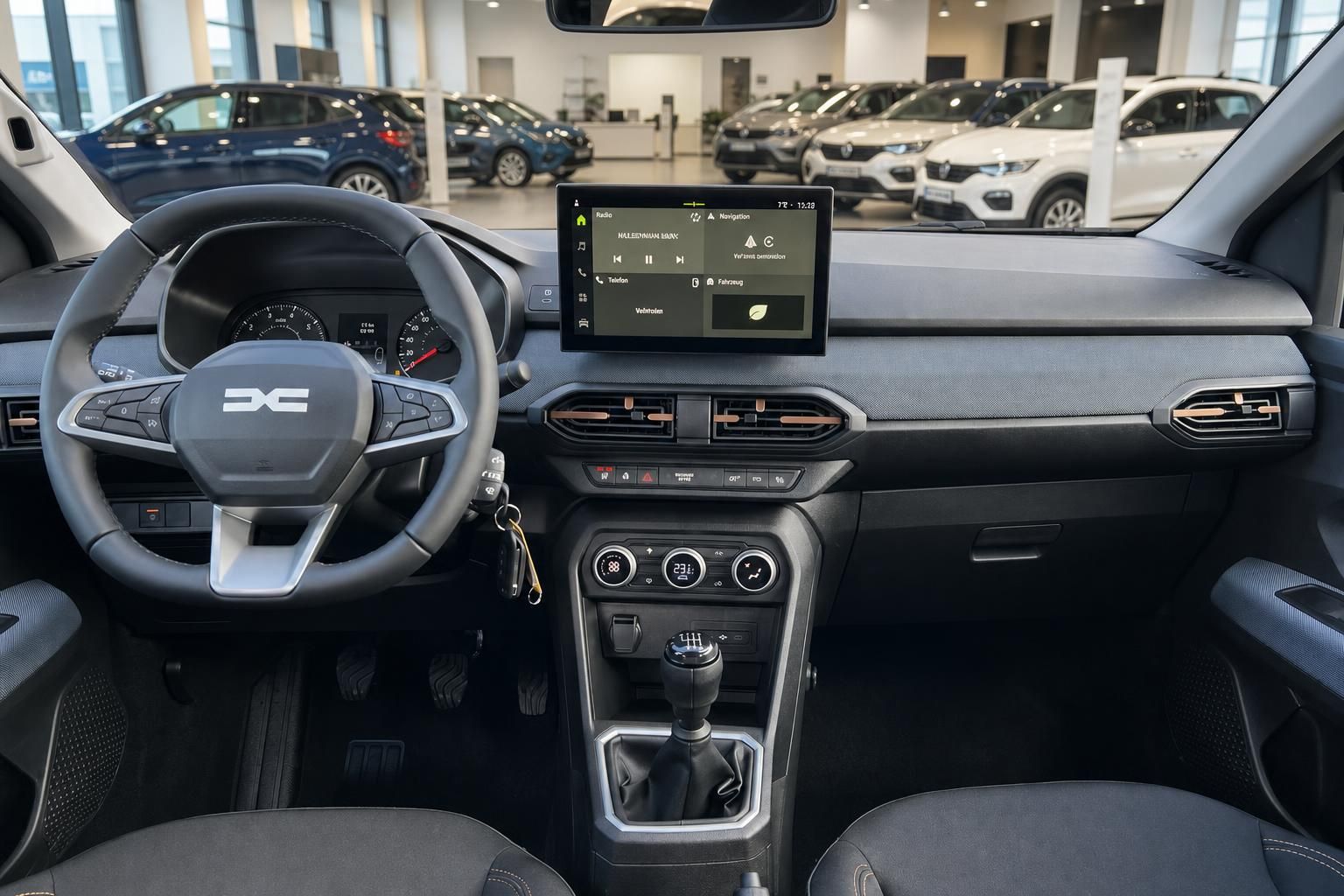 Fahrzeug-Cockpit mit Lenkrad, Touchscreen und Schaltknauf in Autohaus-Showroom