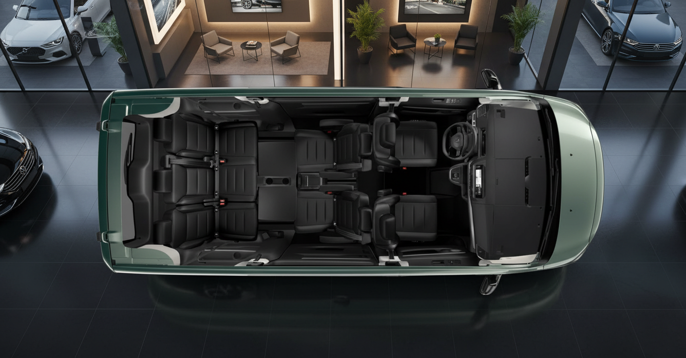 Draufsicht auf grünen SUV mit 7-Sitzer-Konfiguration und schwarzer Lederausstattung im Autohaus-Showroom