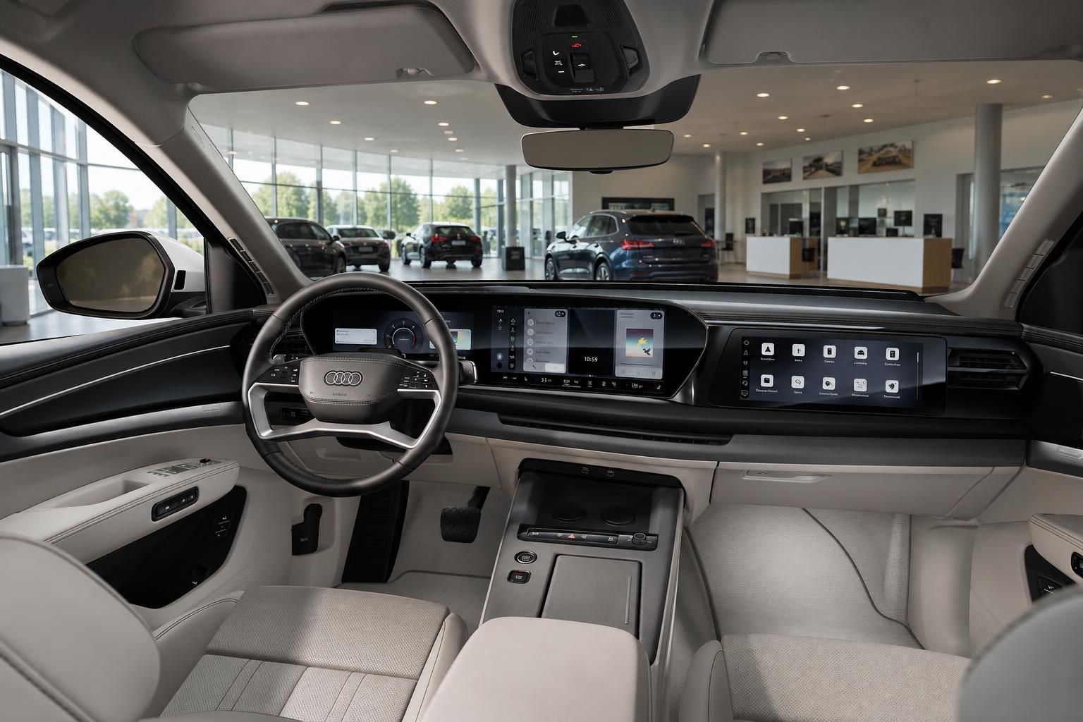 Audi Q9 Cockpit mit digitalem Display und hellem Innenraum im Autohaus