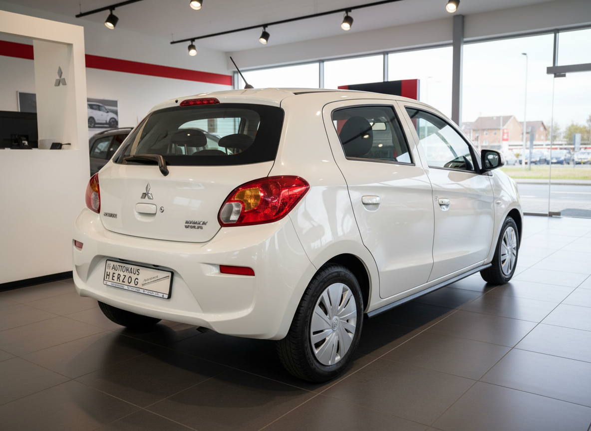 Weißer Mitsubishi Space Star Heckansicht im Autohaus Herzog Showroom