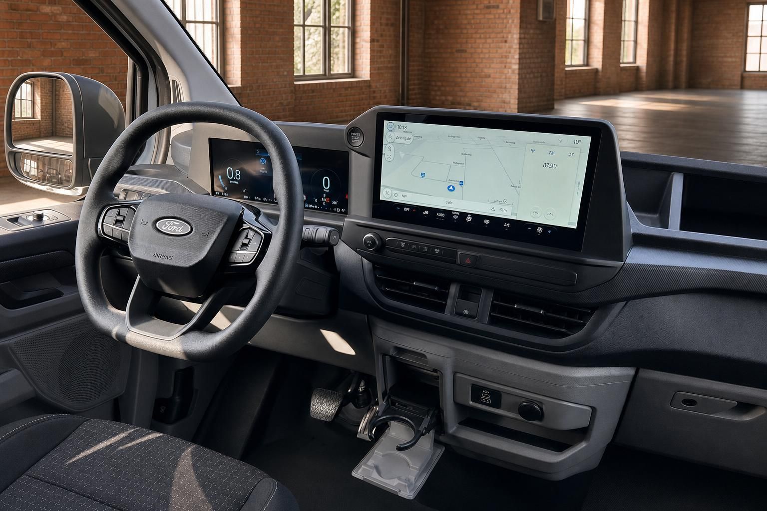 Ford Transit Cockpit mit Lenkrad, Digitaltacho und Navigationssystem