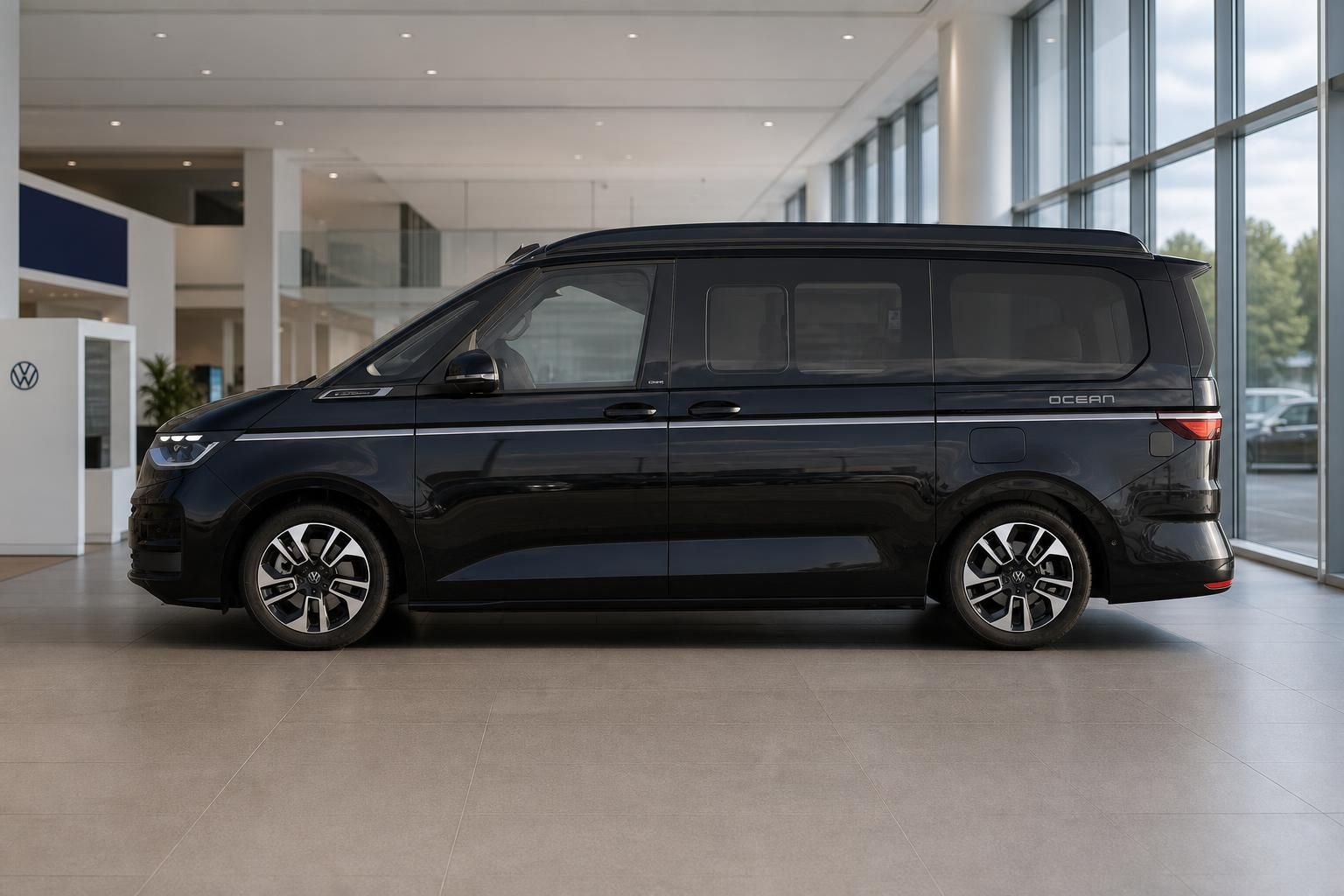 VW California Ocean in Schwarz, Seitenansicht im Autohaus