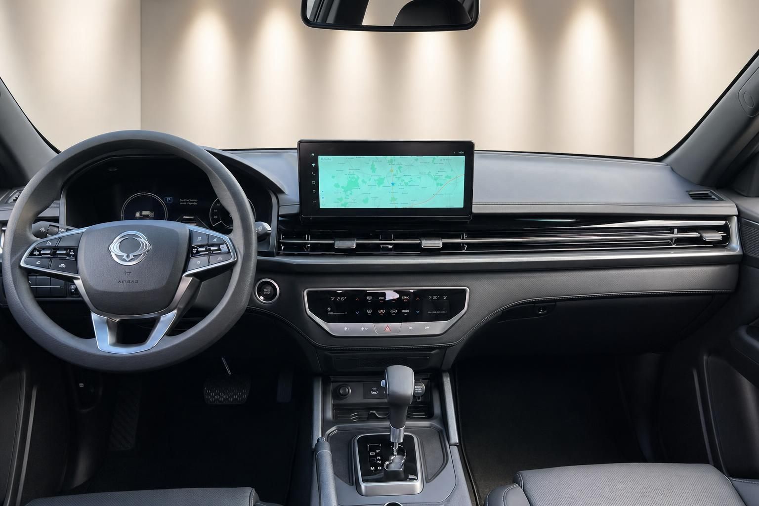 Fahrzeug Armaturenbrett mit Touchscreen-Display, Lenkrad und Klimaautomatik-Bedienfeld