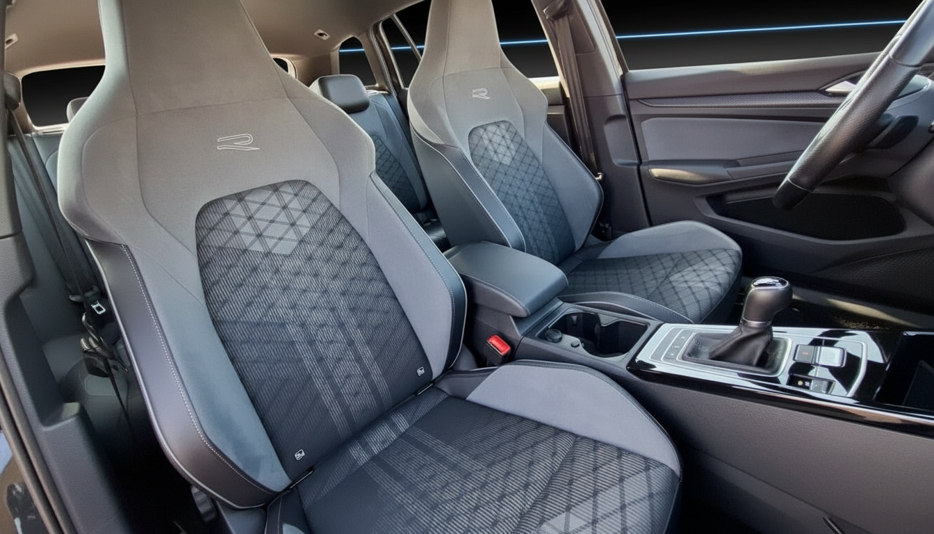 VW Golf R Innenraum mit Sport-Schalensitzen in Grau und schwarzem Leder, DSG-Schaltknauf