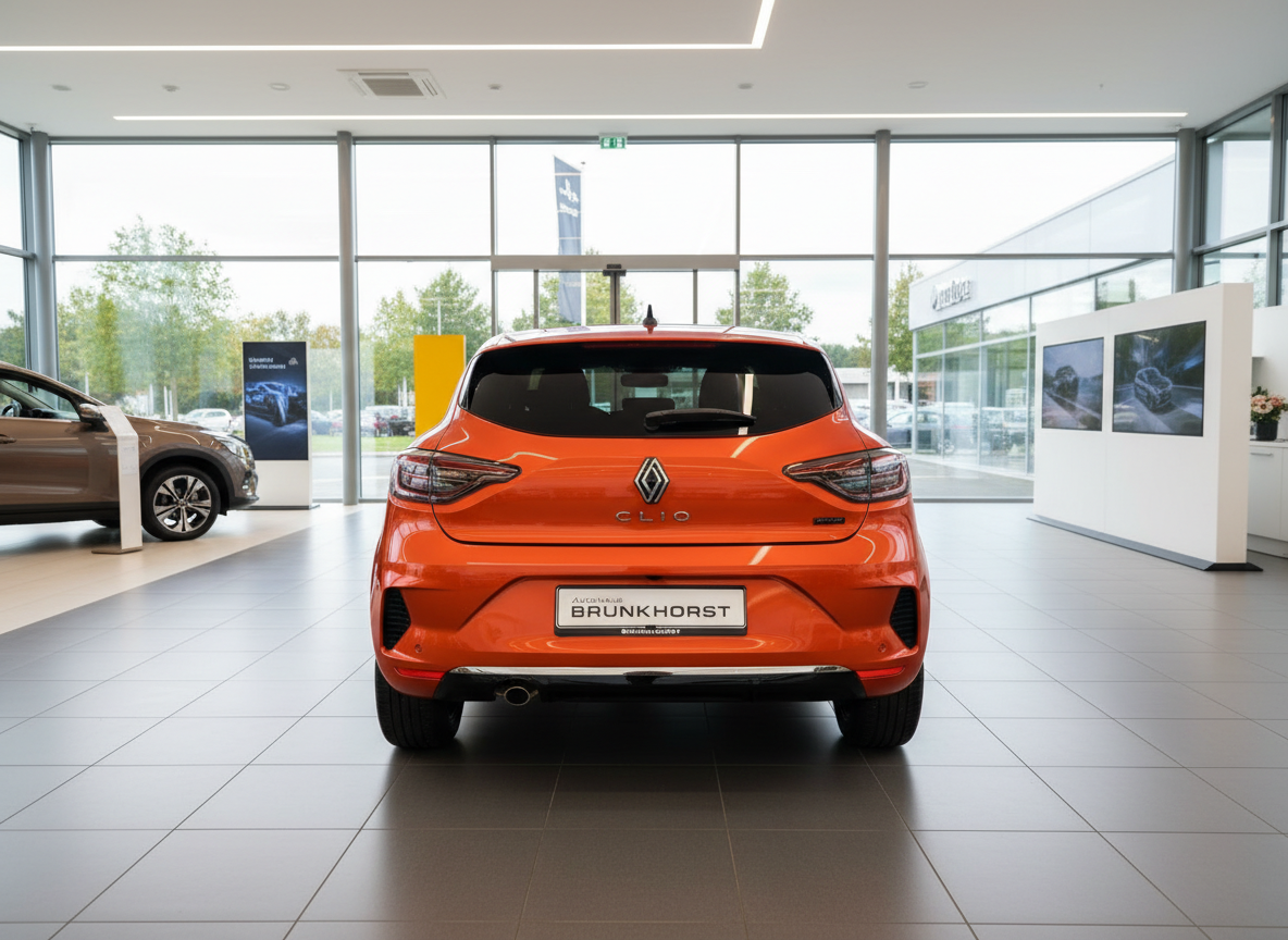 Renault Clio in Orange Heckansicht im Autohaus Brunkhorst Showroom