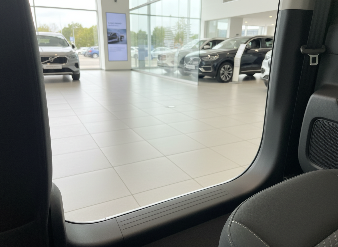 Fahrzeuginnenraum mit Blick durch Fenster auf Autohaus-Showroom mit mehreren Fahrzeugen