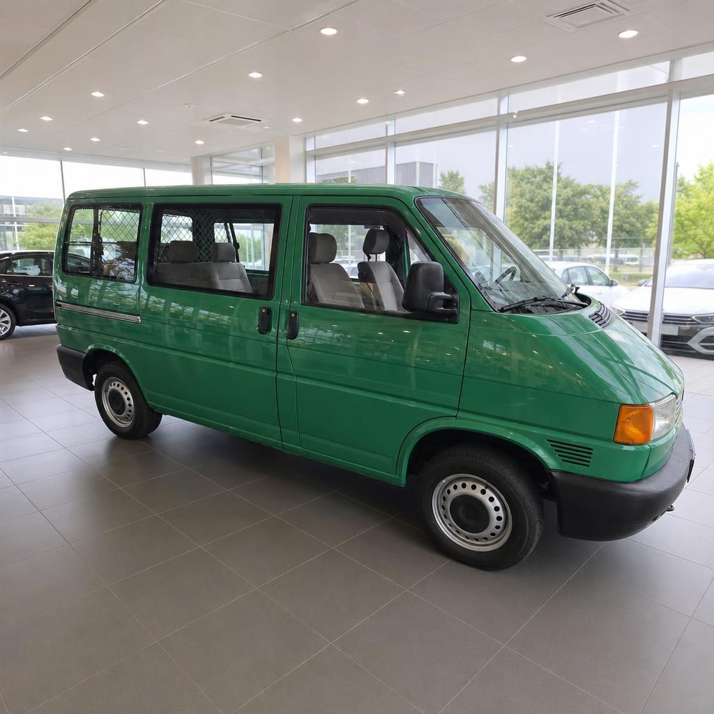 VW T4 Bus grün in Seitenansicht im Autohaus