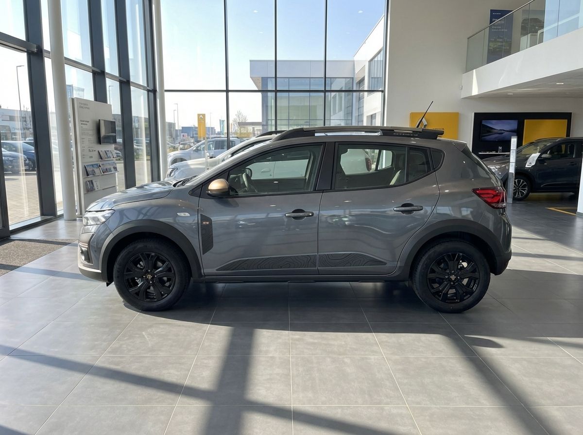 Dacia Sandero Stepway Grau Seitenansicht im Autohaus Showroom