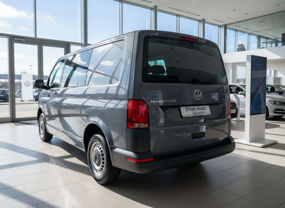 Volkswagen Transporter T6 in Grau – Heckansicht im VW-Autohaus Ernst-Auto