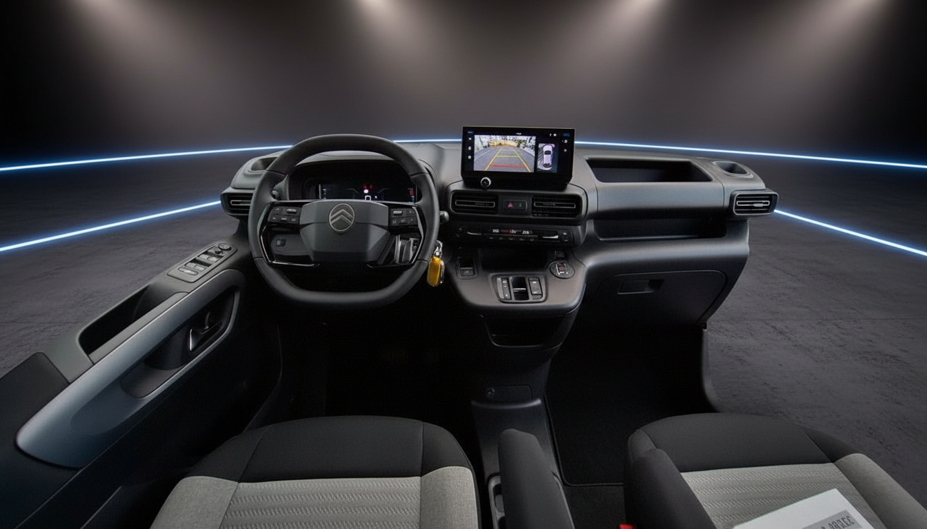 Citroën Innenraum mit Lenkrad, Touchscreen und Rückfahrkamera-Anzeige